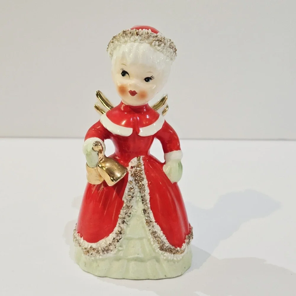 Vintage 1956 NAPCO Spaghetti Trim Christmas Gold Bells Bell Angel Red Dress